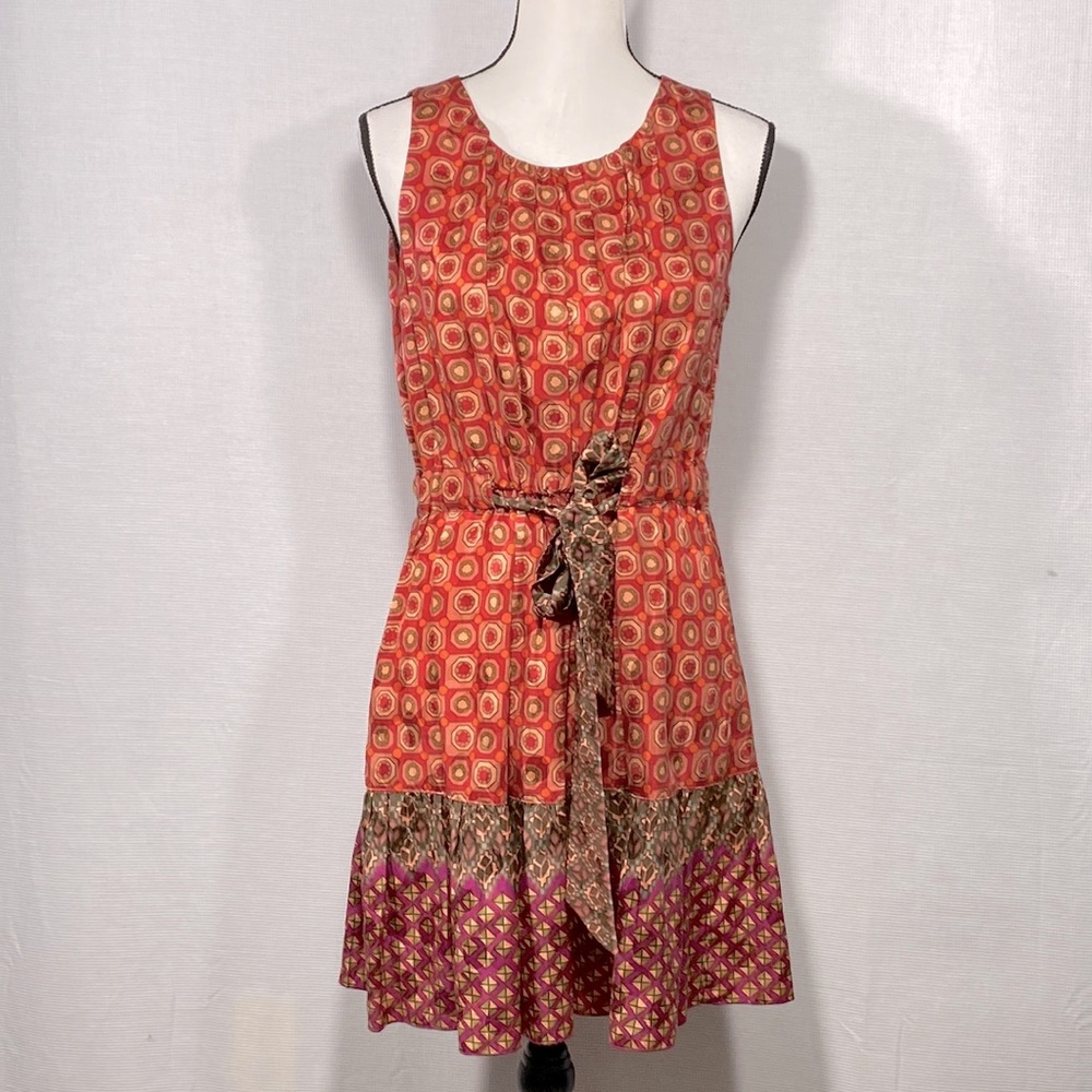 Anthropologie Red-Orange Patterned Sleeveless Midi Dress with Tie Waist